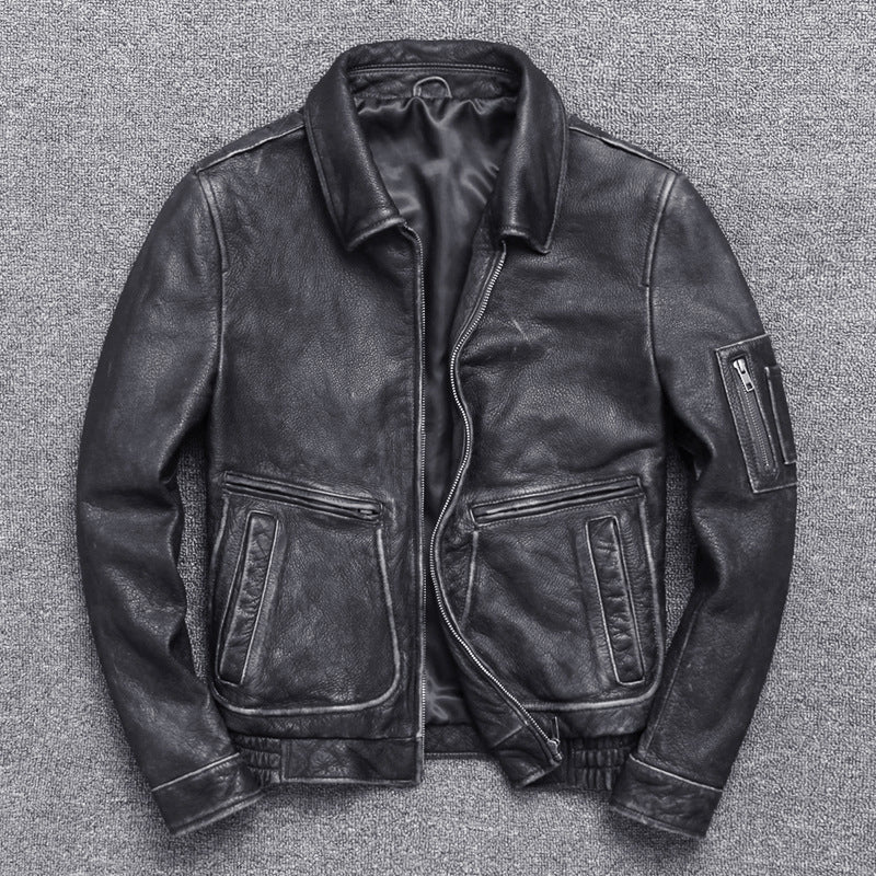 Men’s Vintage-Style Thick Genuine Leather Jacket – Casual Retro Distressed Cowhide Outerwear