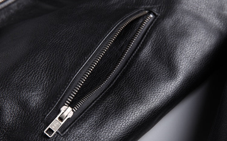 Men’s Genuine Leather Jacket – Slim Fit Black Cowhide & Sheepskin Bomber Style with Zipper Closure