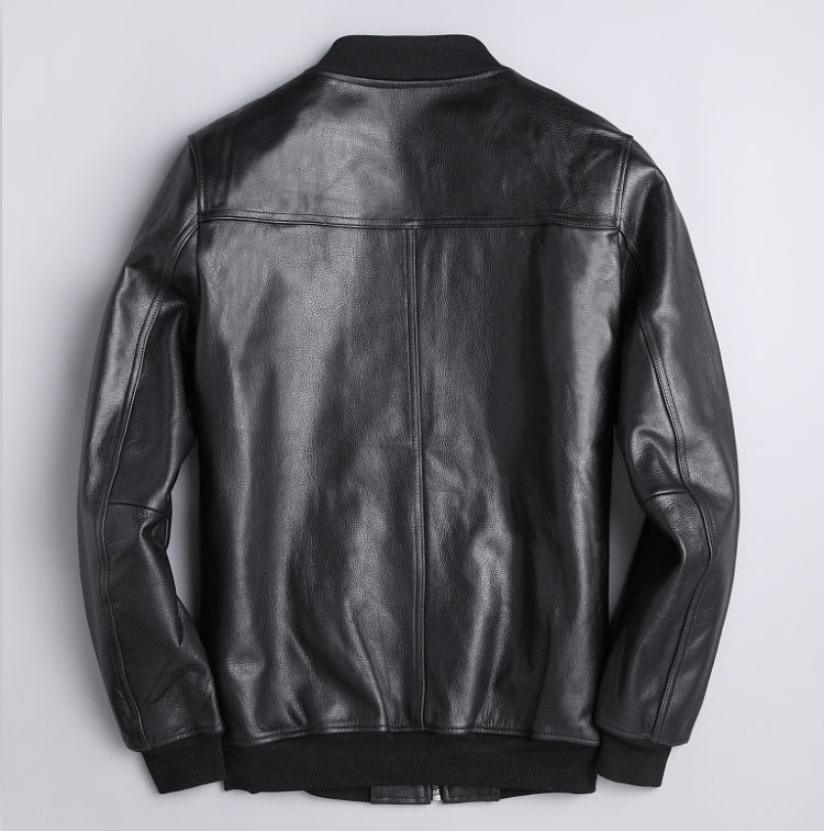 Men’s Genuine Leather Jacket – Slim Fit Black Cowhide & Sheepskin Bomber Style with Zipper Closure