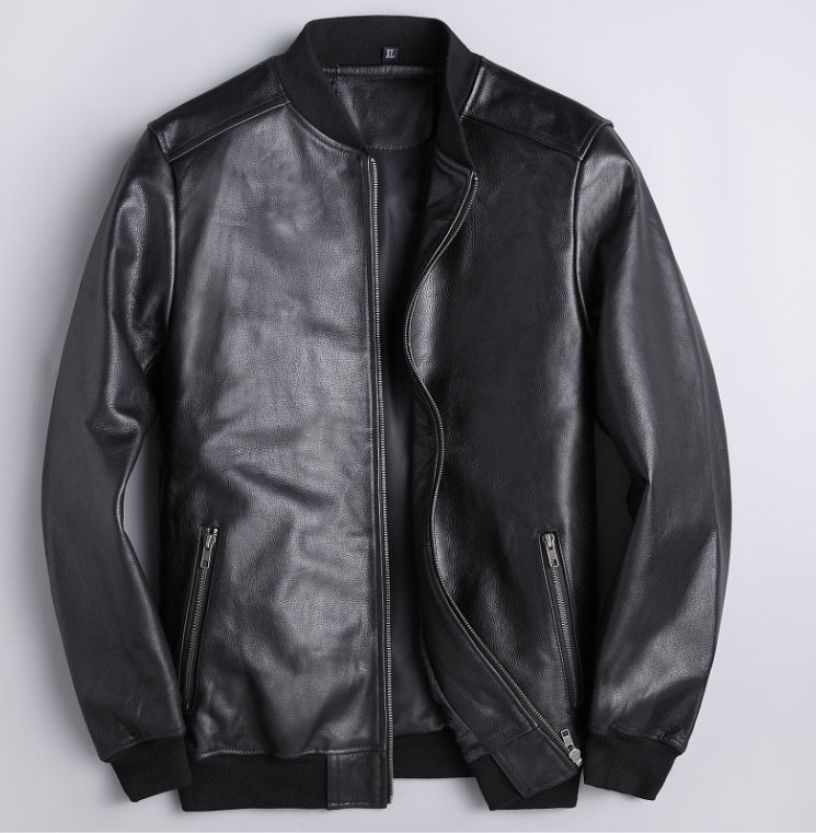 Men’s Genuine Leather Jacket – Slim Fit Black Cowhide & Sheepskin Bomber Style with Zipper Closure