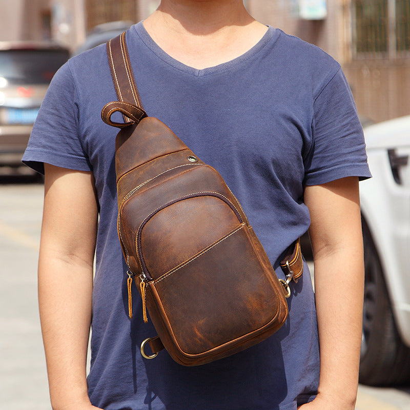 Men’s Vintage Horse Leather Chest Bag – Genuine Leather Crossbody Messenge