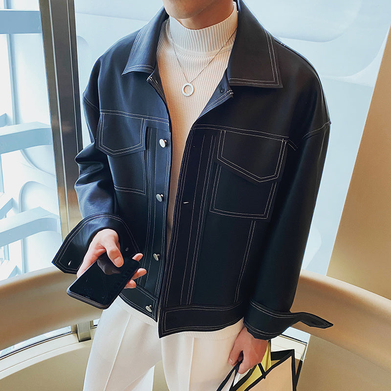 Men’s Casual Faux Leather Jacket – Beige Streetwear Lapel Coat with Multiple Pockets
