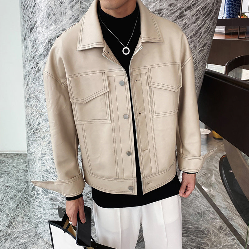 Men’s Casual Faux Leather Jacket – Beige Streetwear Lapel Coat with Multiple Pockets