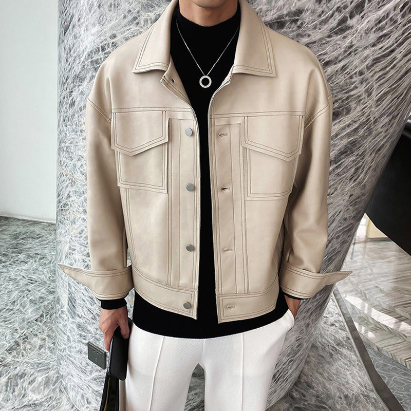 Men’s Casual Faux Leather Jacket – Beige Streetwear Lapel Coat with Multiple Pockets