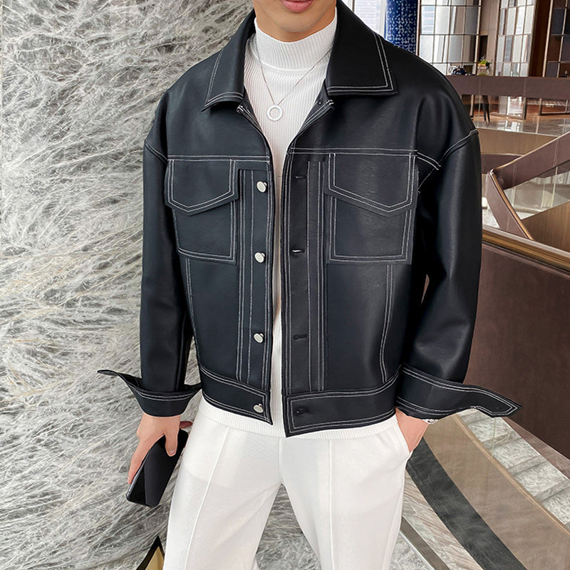 Men’s Casual Faux Leather Jacket – Beige Streetwear Lapel Coat with Multiple Pockets