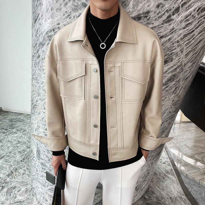 Men’s Casual Faux Leather Jacket – Beige Streetwear Lapel Coat with Multiple Pockets
