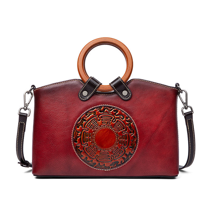 Vintage Designer Women’s Handbag – Genuine Leather Shoulder Bag with Elegant Wooden Handle