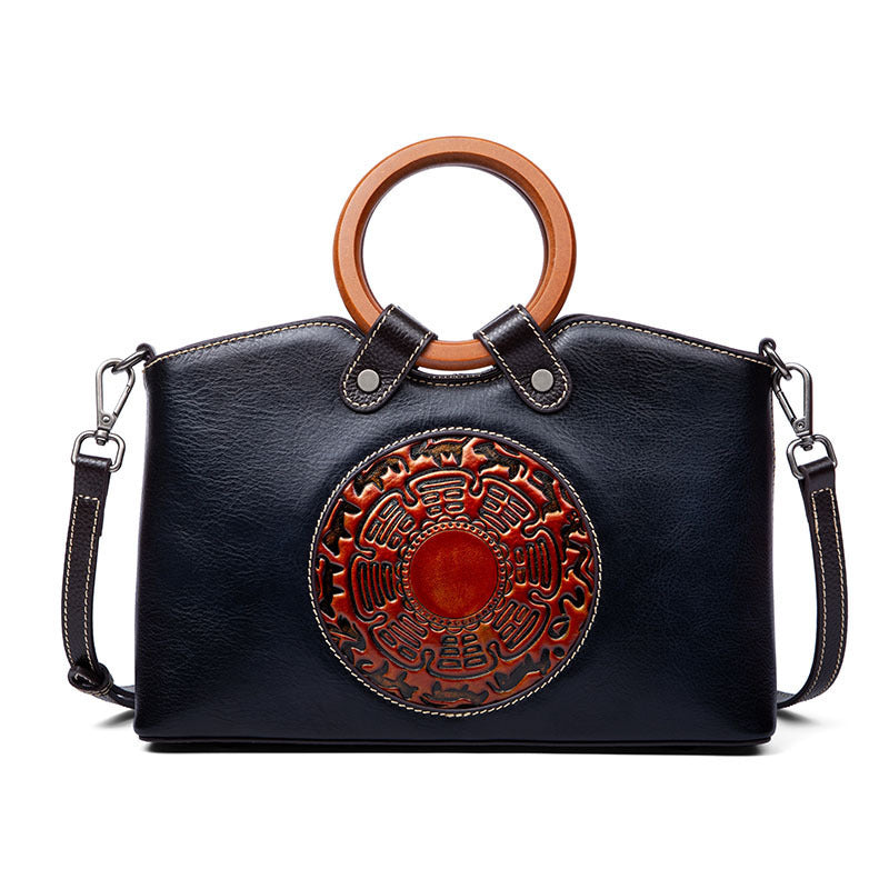 Vintage Designer Women’s Handbag – Genuine Leather Shoulder Bag with Elegant Wooden Handle
