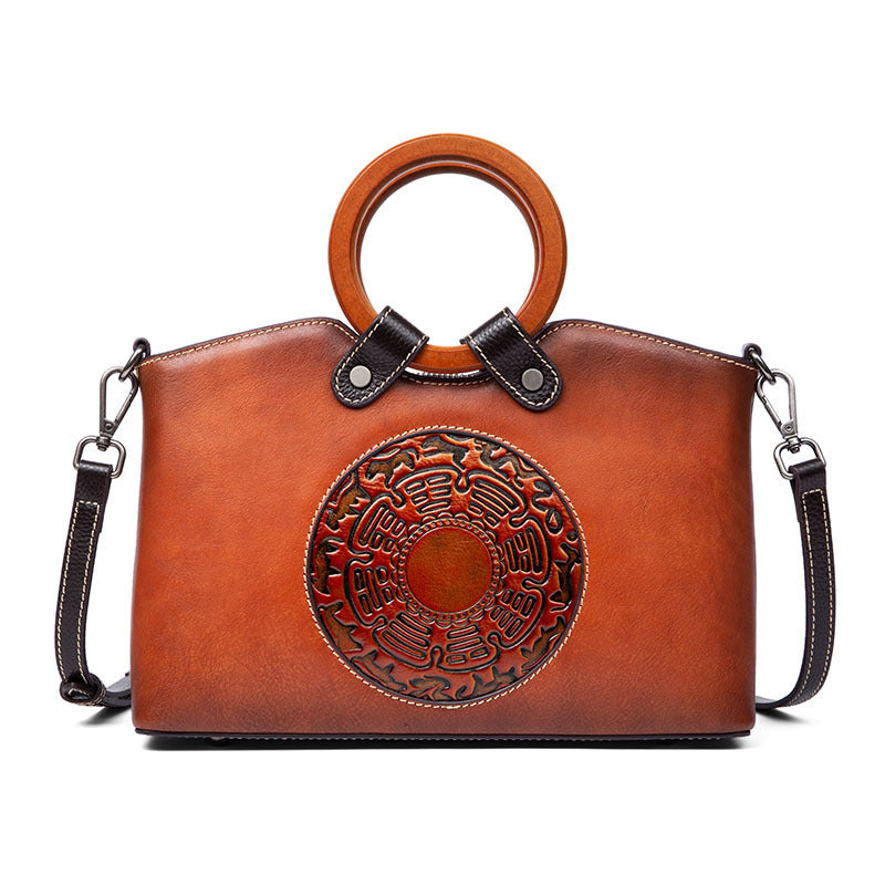 Vintage Designer Women’s Handbag – Genuine Leather Shoulder Bag with Elegant Wooden Handle