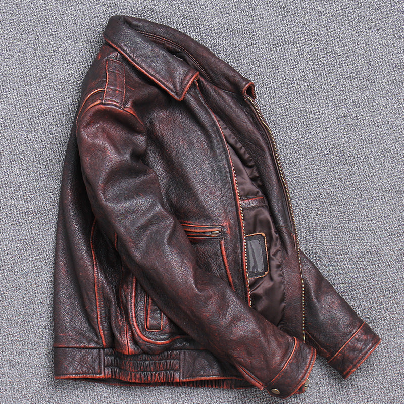 Men’s Vintage-Style Thick Genuine Leather Jacket – Casual Retro Distressed Cowhide Outerwear