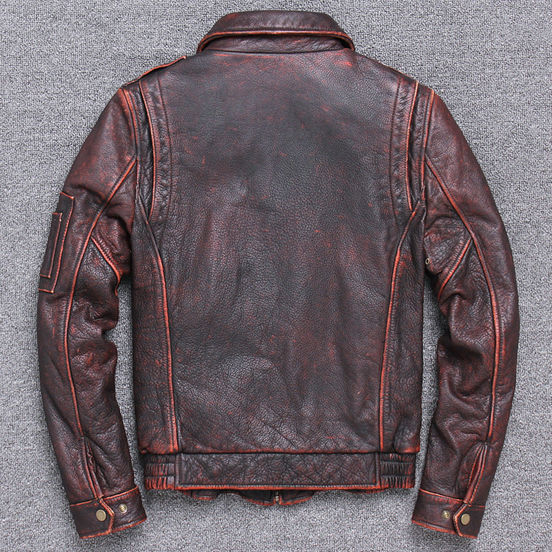 Men’s Vintage-Style Thick Genuine Leather Jacket – Casual Retro Distressed Cowhide Outerwear