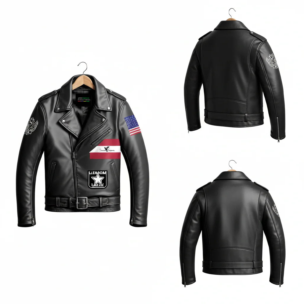 Men’s Classic Biker Leather Jacket with American Flag & Eagle Crest