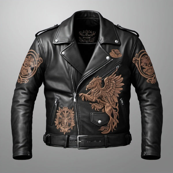 Men’s Premium Black Leather Biker Jacket – Embroidered Griffin & Crest Design, Slim Fit Streetwear
