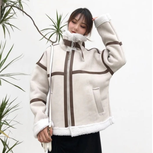 Women’s Shearling Deerskin Jacket – Stand Collar, Thick Winter Coat with Striped Detailing