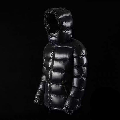 Men’s Short Shiny Black Down Jacket – Lightweight Waterproof Winter Puffer with White Duck Down - Boutique Élégance
