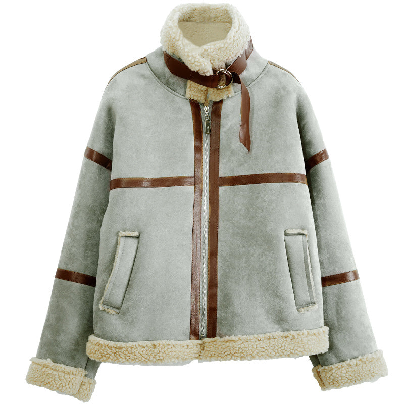 Women’s Shearling Deerskin Jacket – Stand Collar, Thick Winter Coat with Striped Detailing