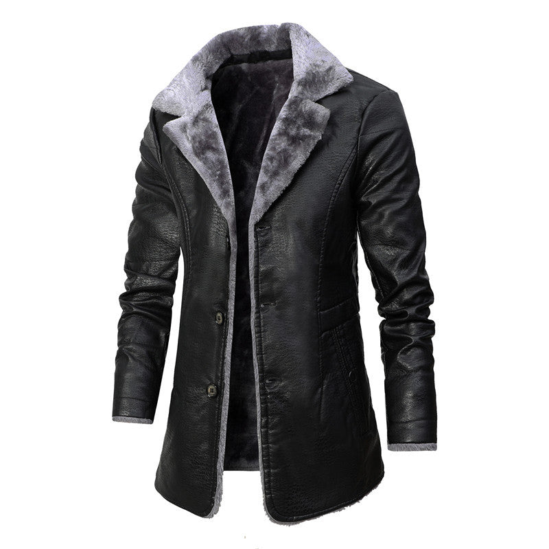 Men’s Winter Faux Leather Coat – Warm Fleece Lined Long Jacket with Plush Lapel