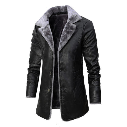Men’s Winter Faux Leather Coat – Warm Fleece Lined Long Jacket with Plush Lapel