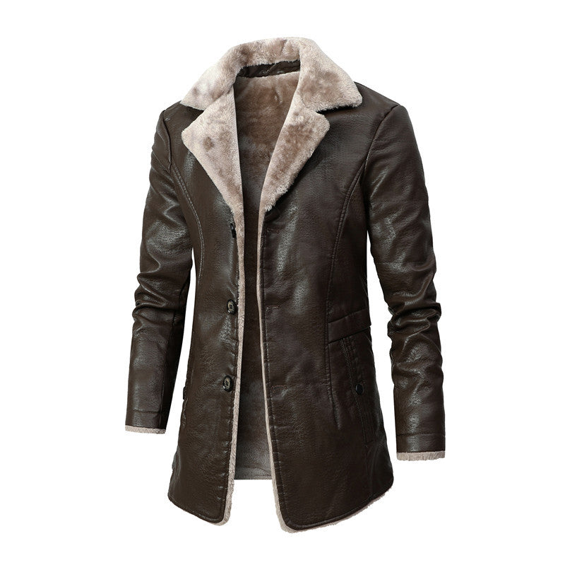 Men’s Winter Faux Leather Coat – Warm Fleece Lined Long Jacket with Plush Lapel