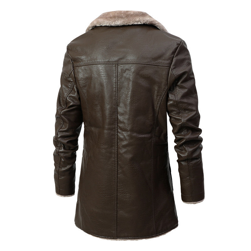 Men’s Winter Faux Leather Coat – Warm Fleece Lined Long Jacket with Plush Lapel