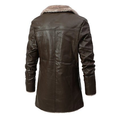 Men’s Winter Faux Leather Coat – Warm Fleece Lined Long Jacket with Plush Lapel