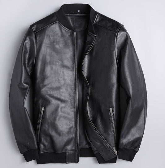 Men’s Genuine Leather Jacket – Slim Fit Black Cowhide & Sheepskin Bomber Style with Zipper Closure
