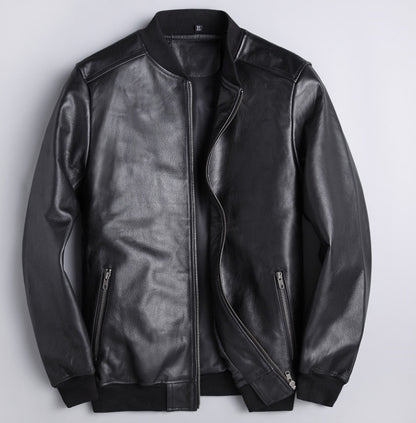 Men’s Genuine Leather Jacket – Slim Fit Black Cowhide & Sheepskin Bomber Style with Zipper Closure - Boutique Élégance