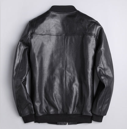 Men’s Genuine Leather Jacket – Slim Fit Black Cowhide & Sheepskin Bomber Style with Zipper Closure - Boutique Élégance