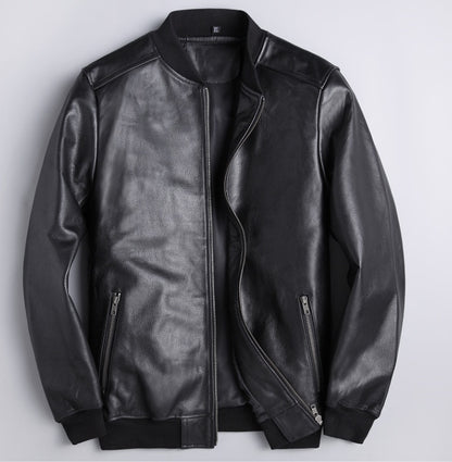 Men’s Genuine Leather Jacket – Slim Fit Black Cowhide & Sheepskin Bomber Style with Zipper Closure - Boutique Élégance