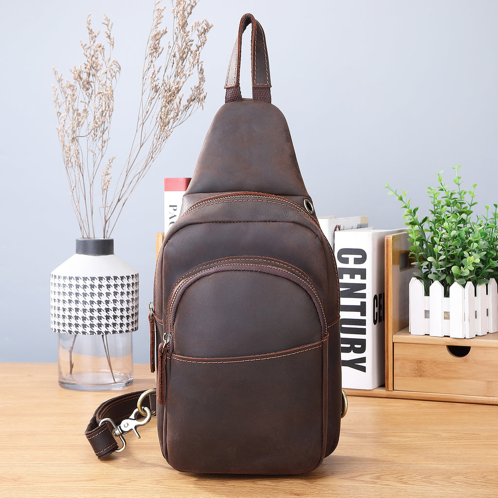 Men’s Vintage Horse Leather Chest Bag – Genuine Leather Crossbody Messenge