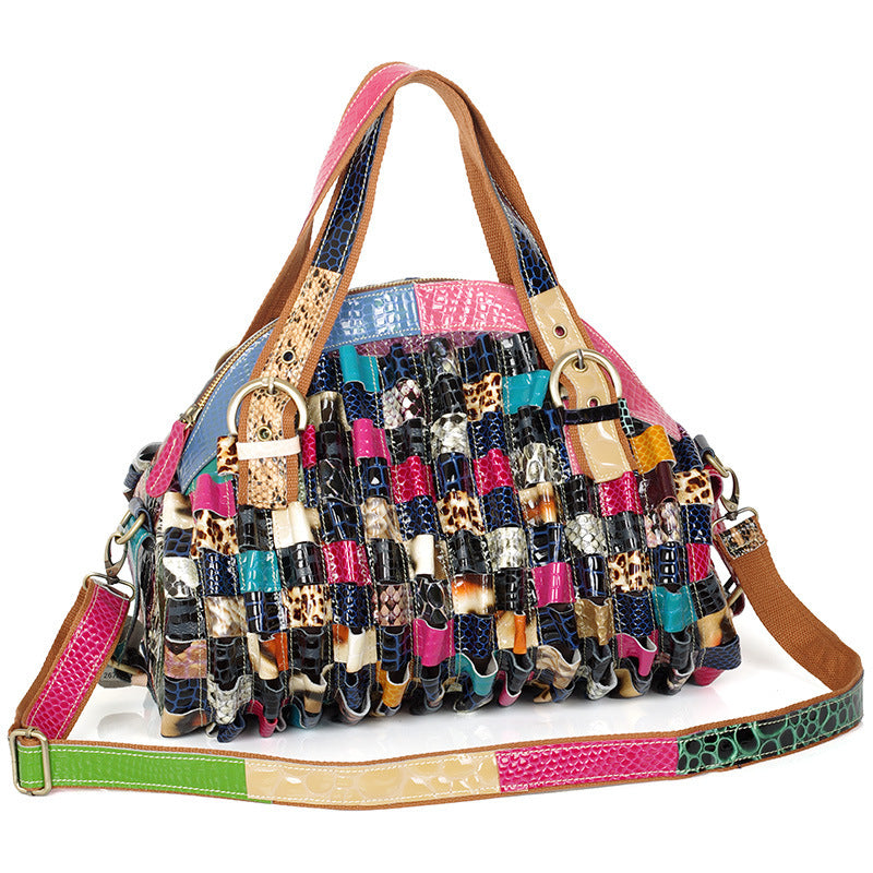 Bohemian Patchwork Leather Handbag – Women’s Colorful Contrast Tote with Geometric Design
