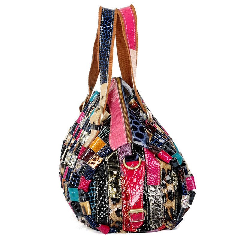 Bohemian Patchwork Leather Handbag – Women’s Colorful Contrast Tote with Geometric Design