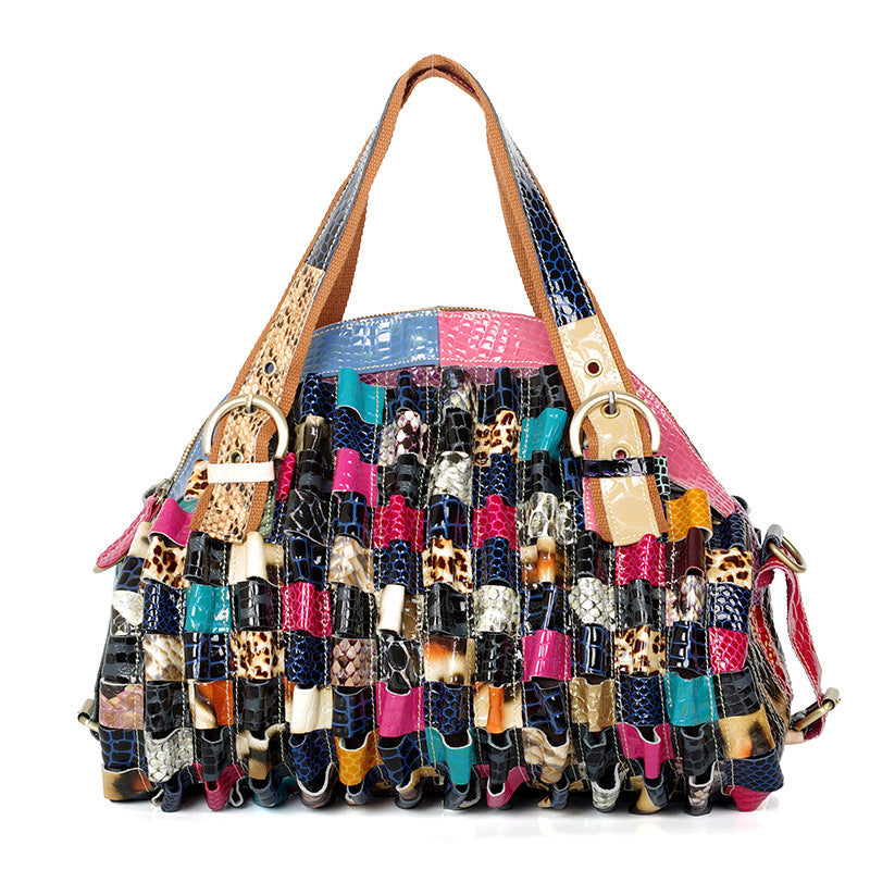 Bohemian Patchwork Leather Handbag – Women’s Colorful Contrast Tote with Geometric Design