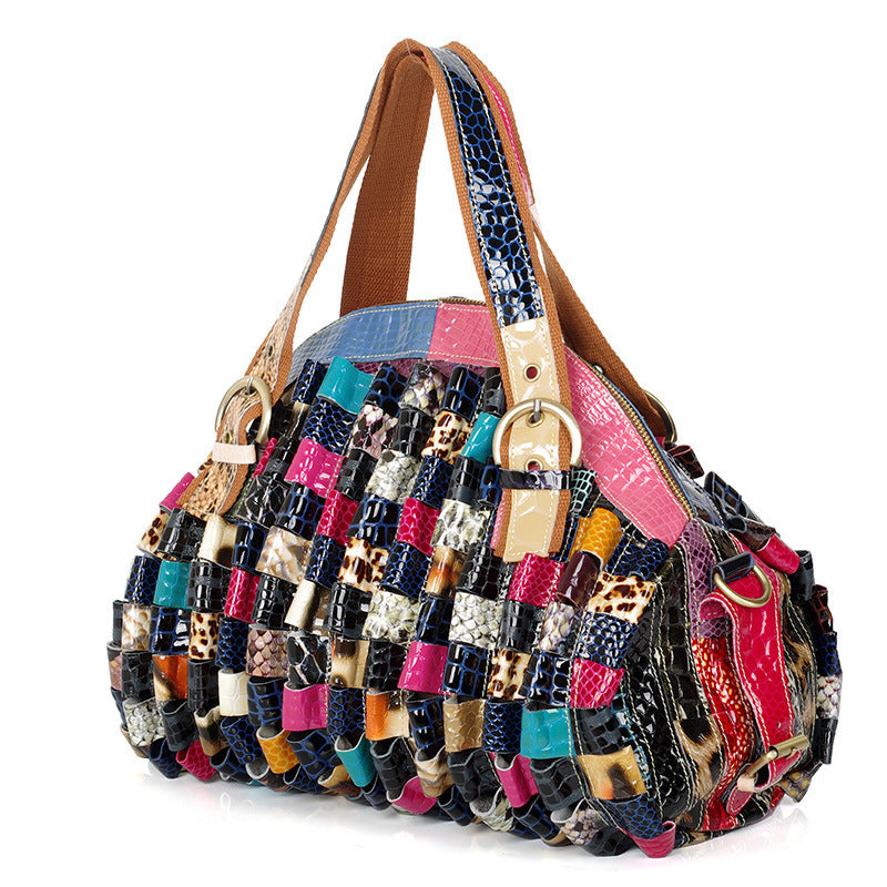 Bohemian Patchwork Leather Handbag – Women’s Colorful Contrast Tote with Geometric Design