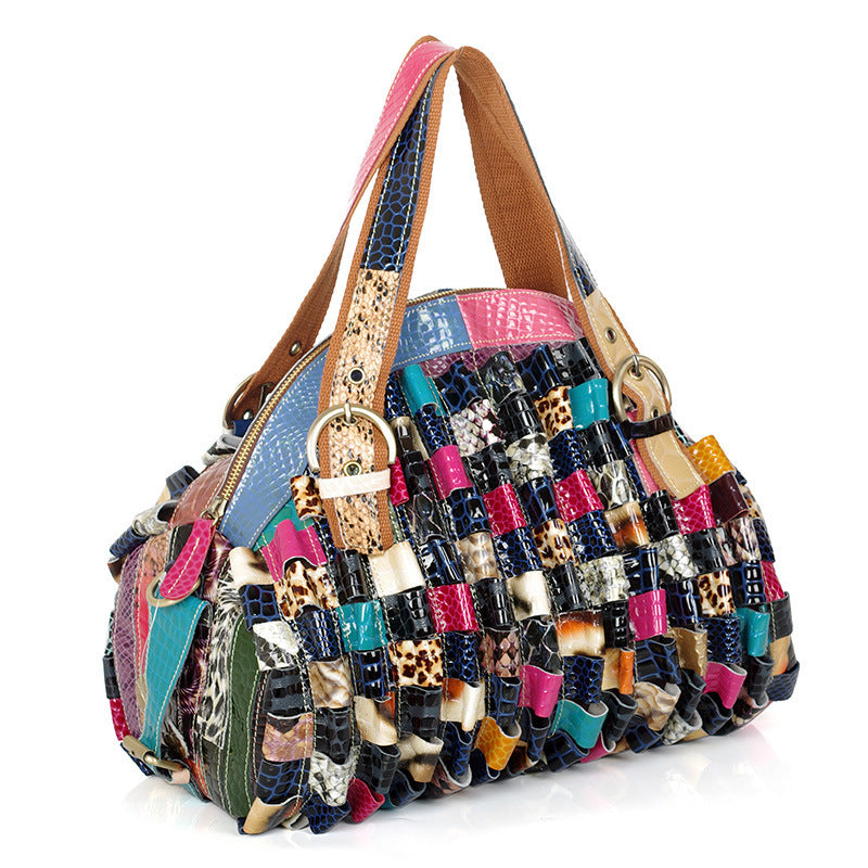 Bohemian Patchwork Leather Handbag – Women’s Colorful Contrast Tote with Geometric Design