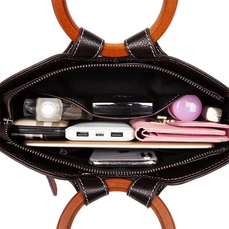 Vintage Designer Women’s Handbag – Genuine Leather Shoulder Bag with Elegant Wooden Handle