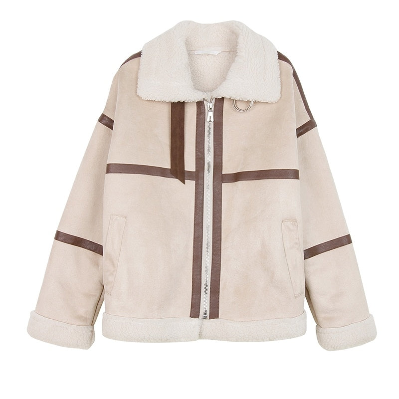 Women’s Shearling Deerskin Jacket – Stand Collar, Thick Winter Coat with Striped Detailing