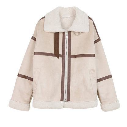 Women’s Shearling Deerskin Jacket – Stand Collar, Thick Winter Coat with Striped Detailing - Boutique Élégance