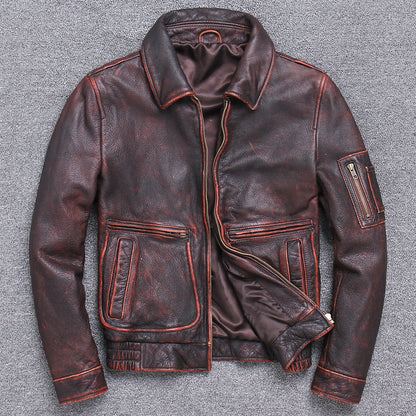 Men’s Vintage-Style Thick Genuine Leather Jacket – Casual Retro Distressed Cowhide Outerwear - Boutique Élégance