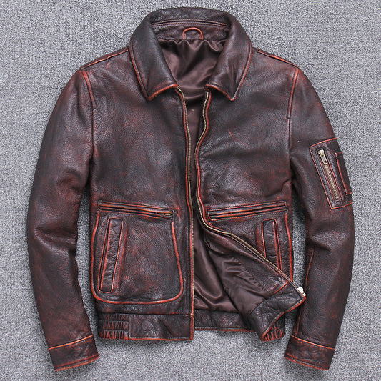 Men’s Vintage-Style Thick Genuine Leather Jacket – Casual Retro Distressed Cowhide Outerwear