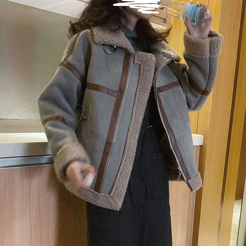 Women’s Shearling Deerskin Jacket – Stand Collar, Thick Winter Coat with Striped Detailing