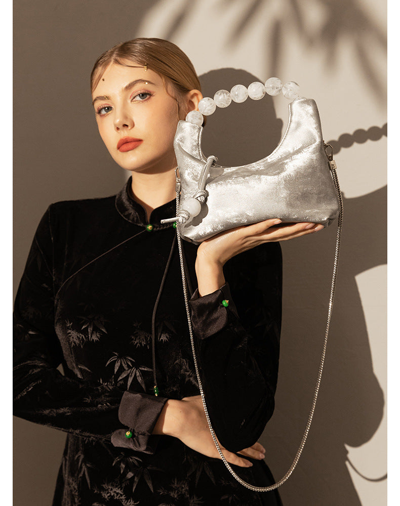 Elegant Genuine Leather Dumpling Bag with Beaded Handle