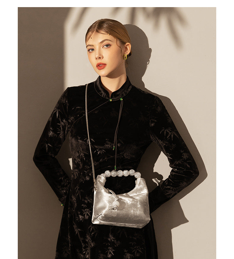 Elegant Genuine Leather Dumpling Bag with Beaded Handle