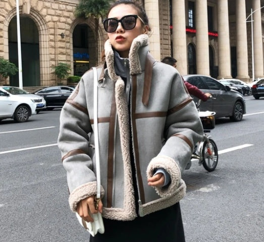 Women’s Shearling Deerskin Jacket – Stand Collar, Thick Winter Coat with Striped Detailing