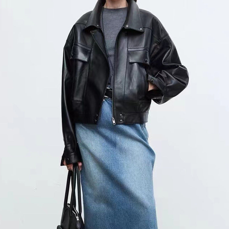 Women’s Retro Oversized Sheepskin Leather Short Jacket – Casual Streetwear, Vintage Loose Fit