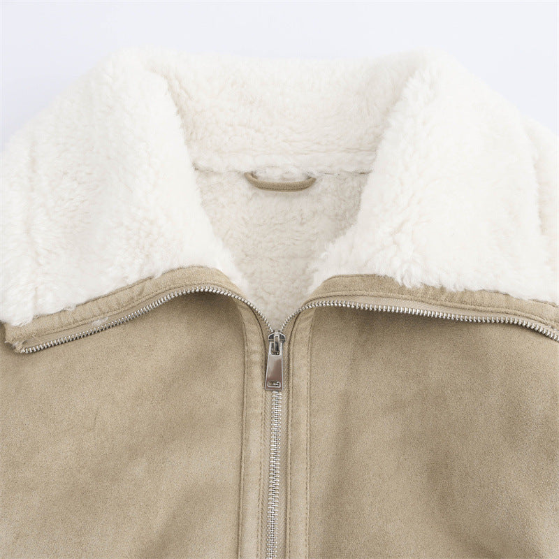 Women’s Warm Fleece Short Jacket – Thickened Winter Coat with Threaded Hem