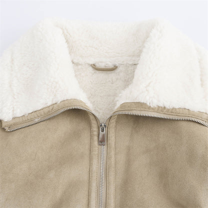 Women’s Warm Fleece Short Jacket – Thickened Winter Coat with Threaded Hem
