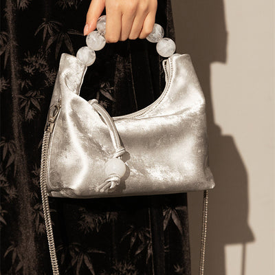 Elegant Genuine Leather Dumpling Bag with Beaded Handle