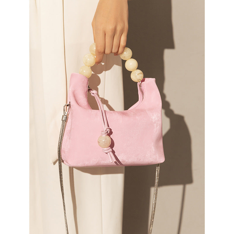 Elegant Genuine Leather Dumpling Bag with Beaded Handle
