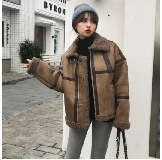 Women’s Shearling Deerskin Jacket – Stand Collar, Thick Winter Coat with Striped Detailing